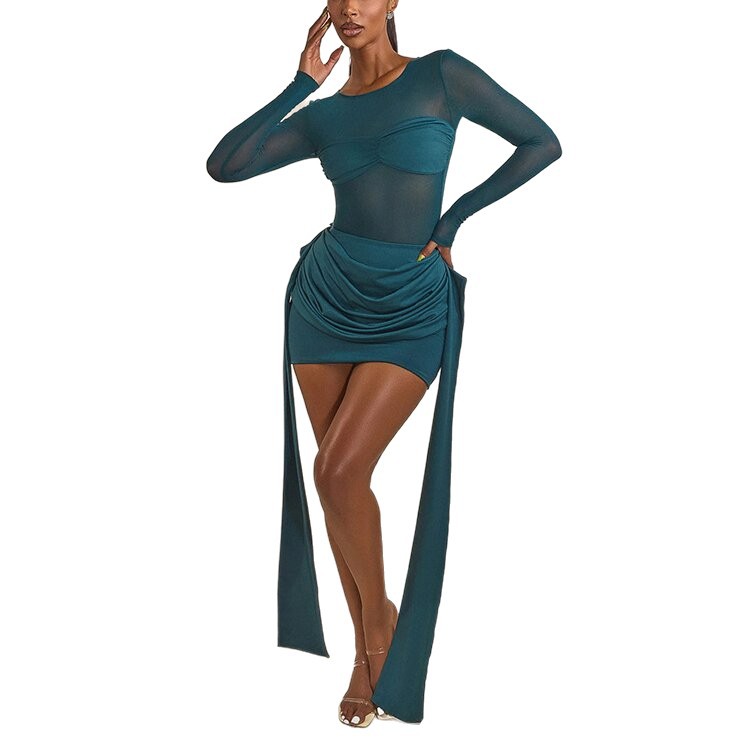 Women's Sheer Mesh Spliced Long Sleeve Tie-Front Mini Dress