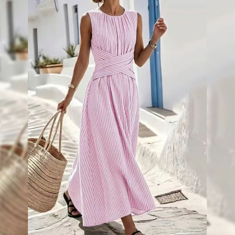 Women's Striped Cross Ruched Long Dress Sleeveless High Waist Casual Vacation