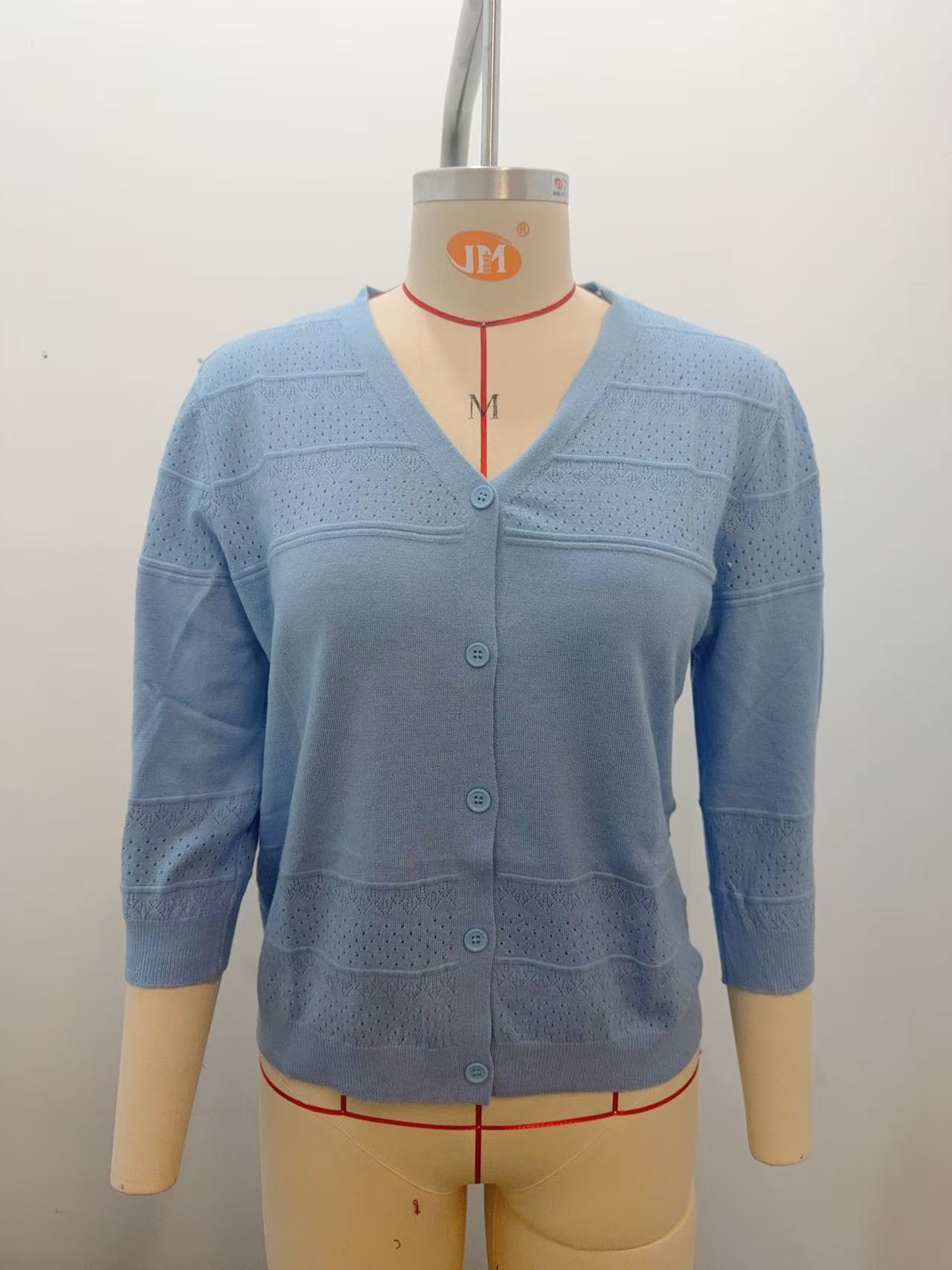 Women's Lightweight Openwork Knit V-Neck Cardigan with Three-Quarter Sleeves