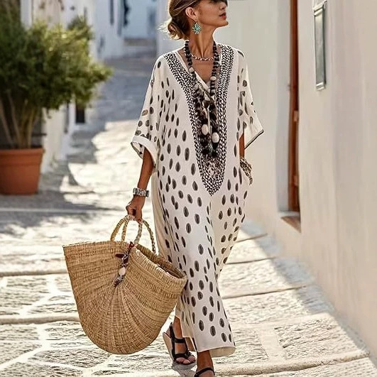 Women's Floral Polka Dot Print Midi Dress Deep V-Neck Five-Sleeve Slim Fit Casual