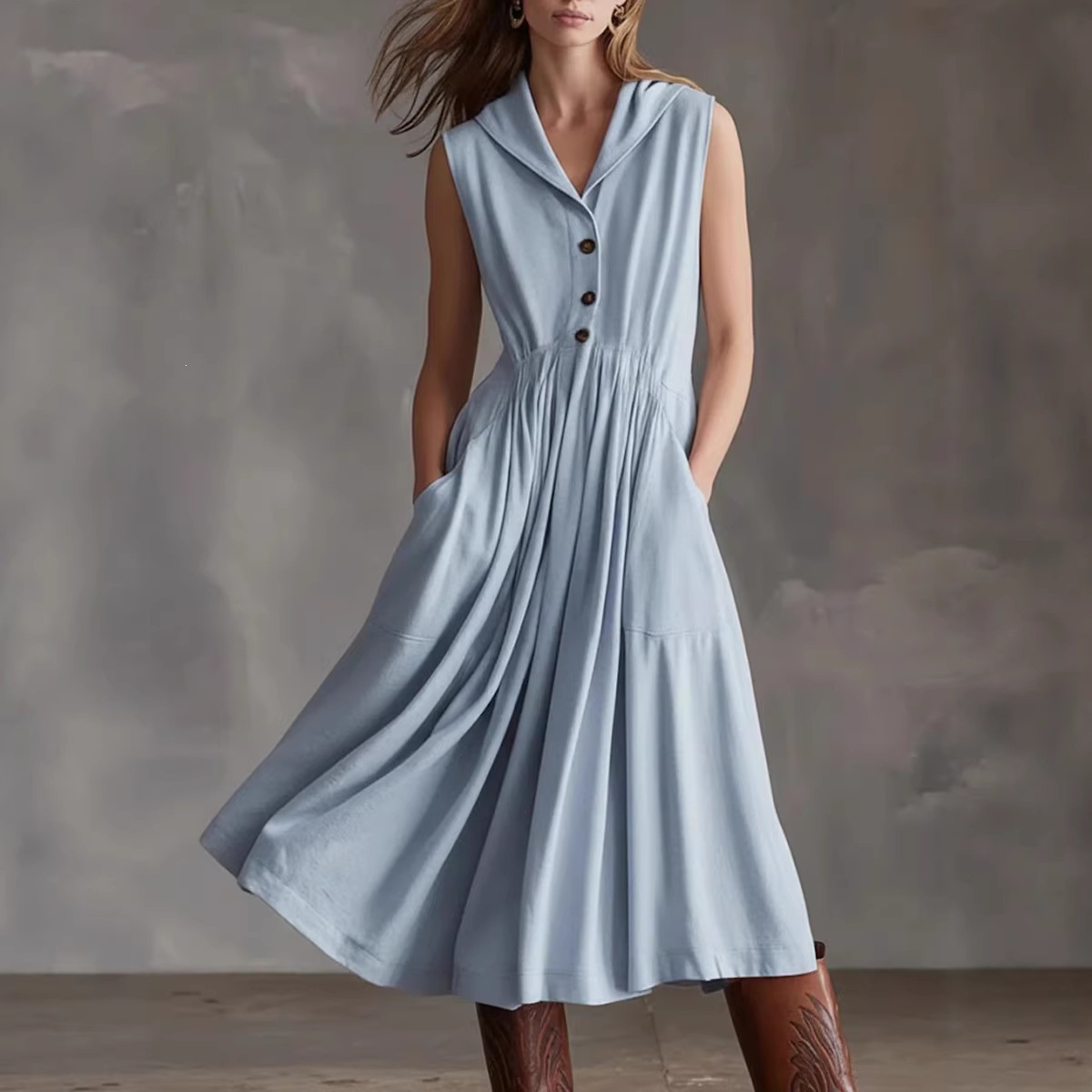 Women's Sleeveless A-Line Midi Dress with Oversized Collar