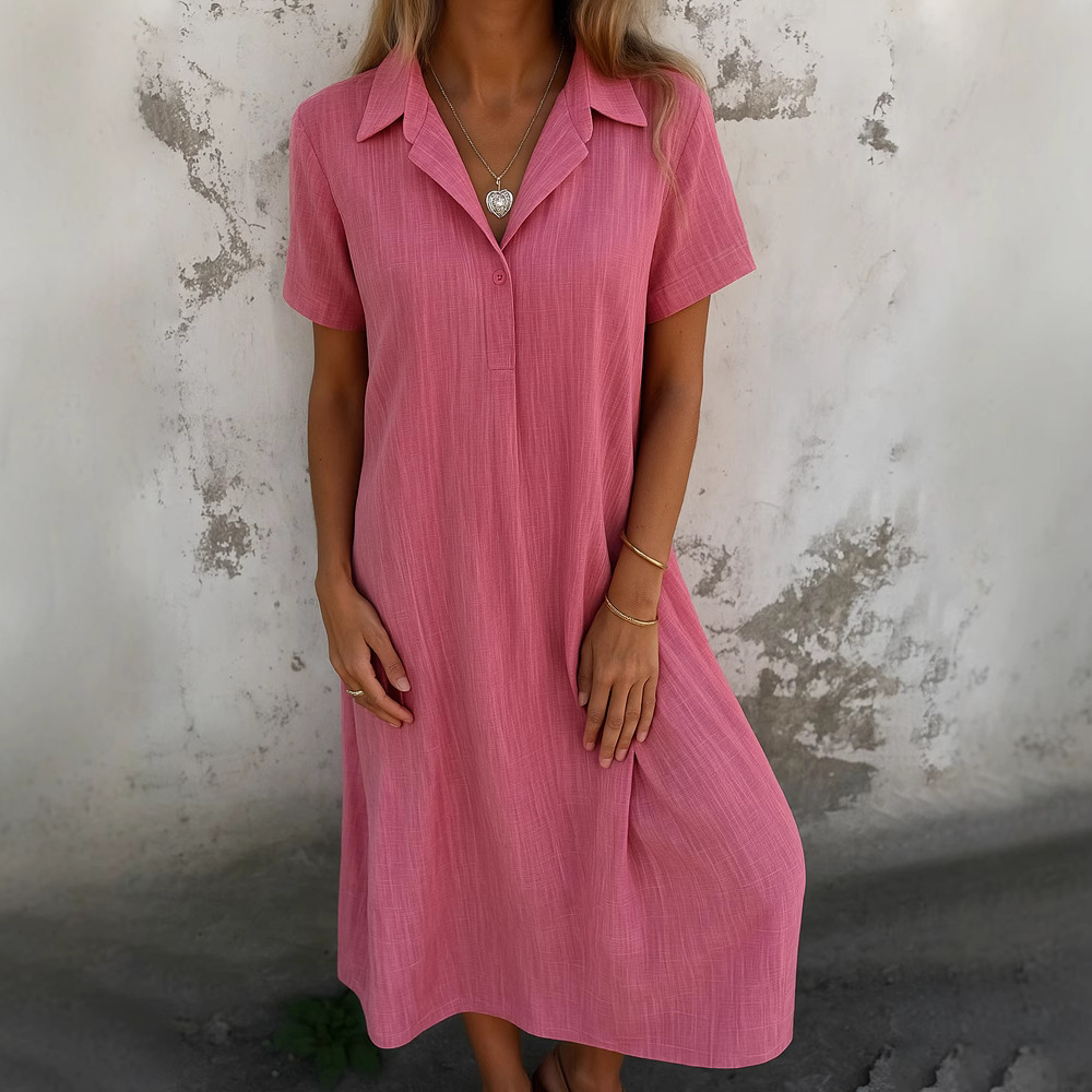 Women's Casual Cotton-Linen V-Neck Short Sleeve Loose Midi Dress