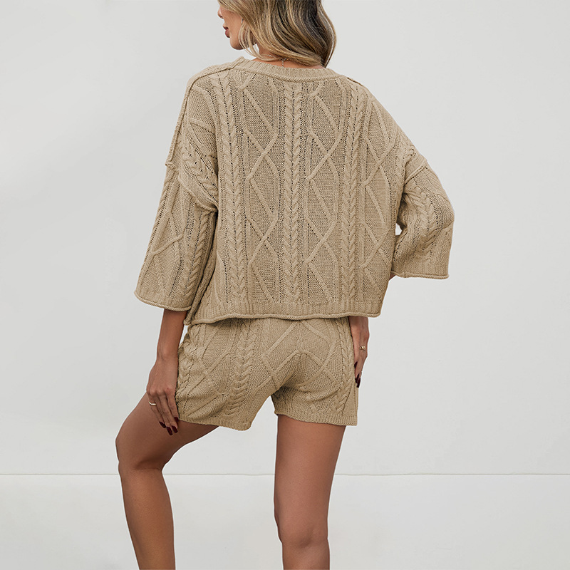 Cable-Knit Solid Color Crewneck Sweater and Shorts Set