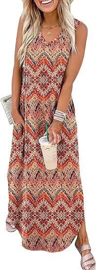 Women's Sleeveless V-Neck Maxi Dress with Pockets for Beach Vacation