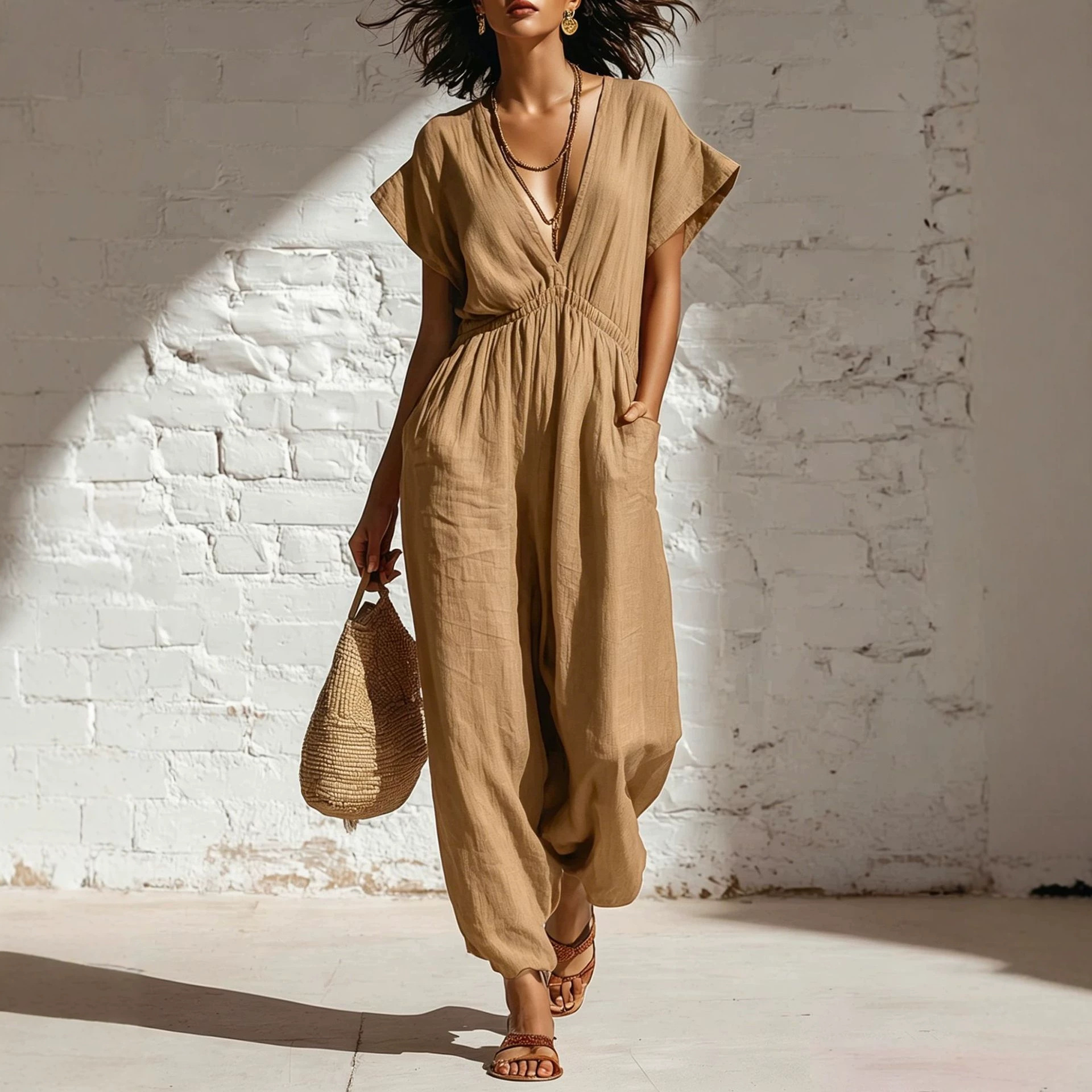 Women's Summer Deep V-Neck Loose Waist-Tie Wide-Leg Jumpsuit Streetwear