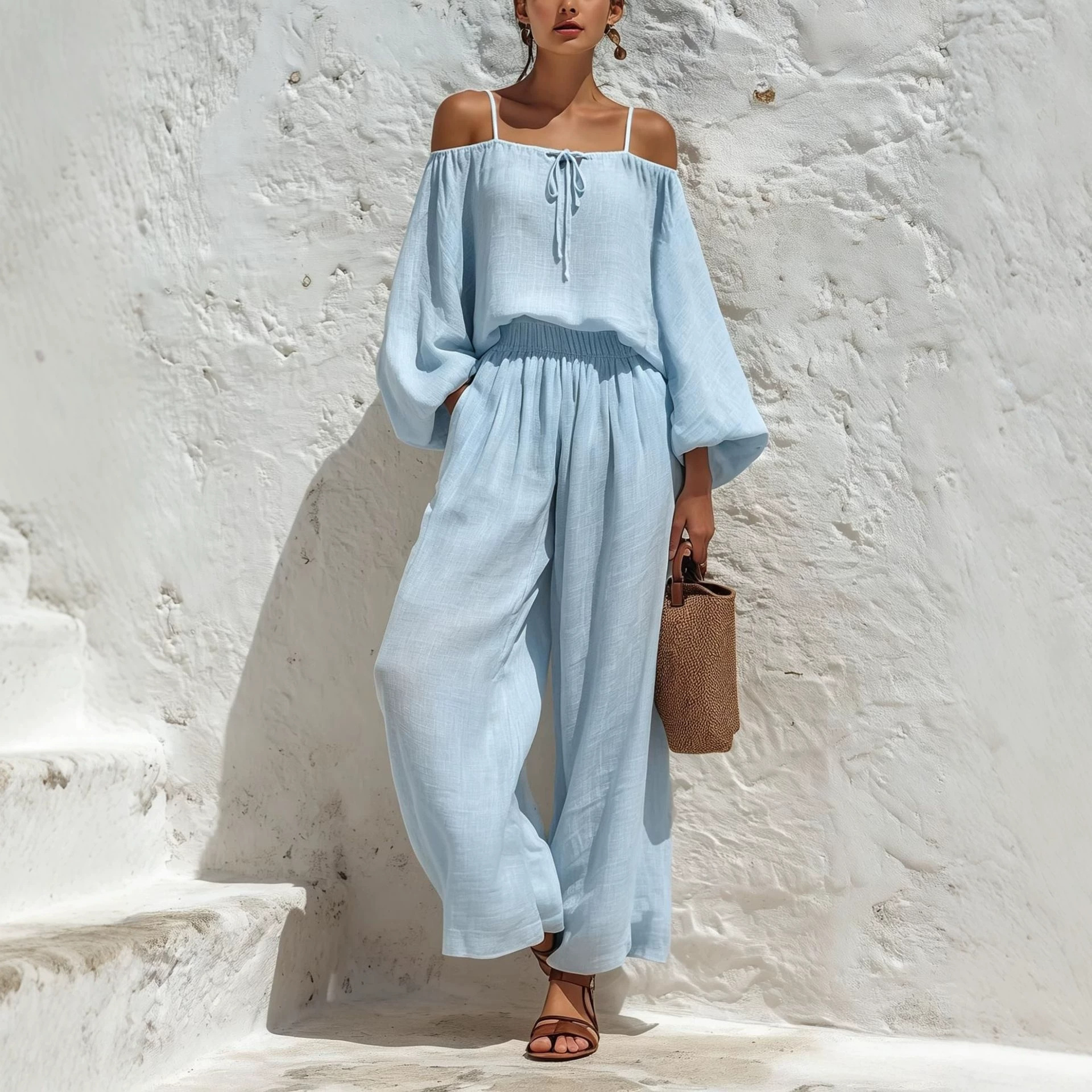 Off-Shoulder Long-Sleeve Top & Wide-Leg Pants Two-Piece Set