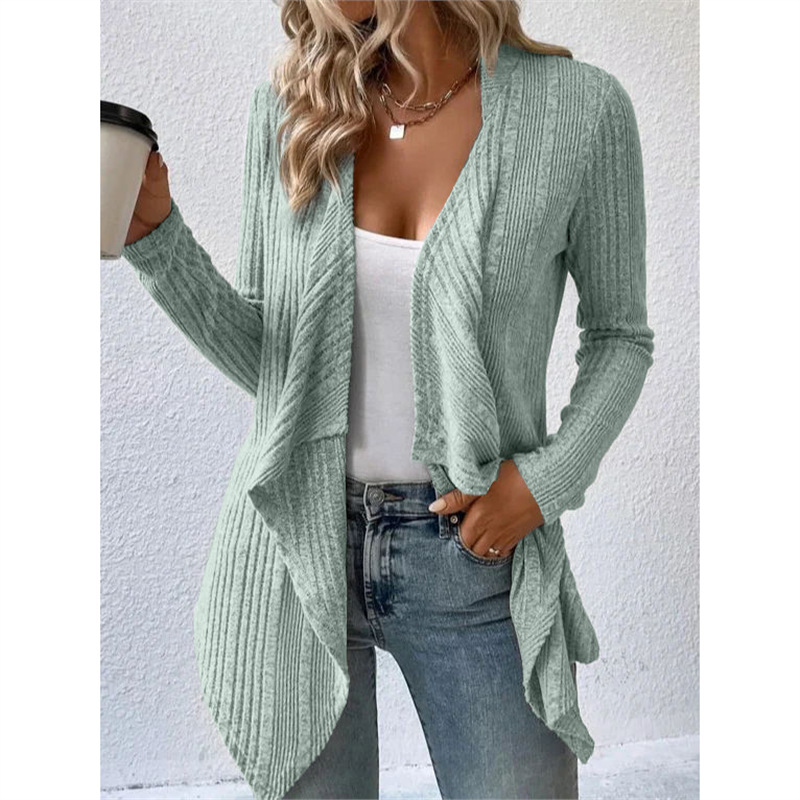 Solid Ribbed Knit Cardigan Long Sleeve V-Neck Loose Fit Casual Sweater Coat