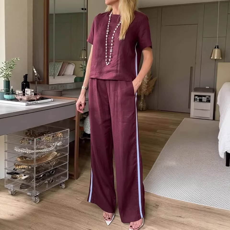 Women's Cotton-Blend Two-Piece Set with Crew Neck Top and Pants