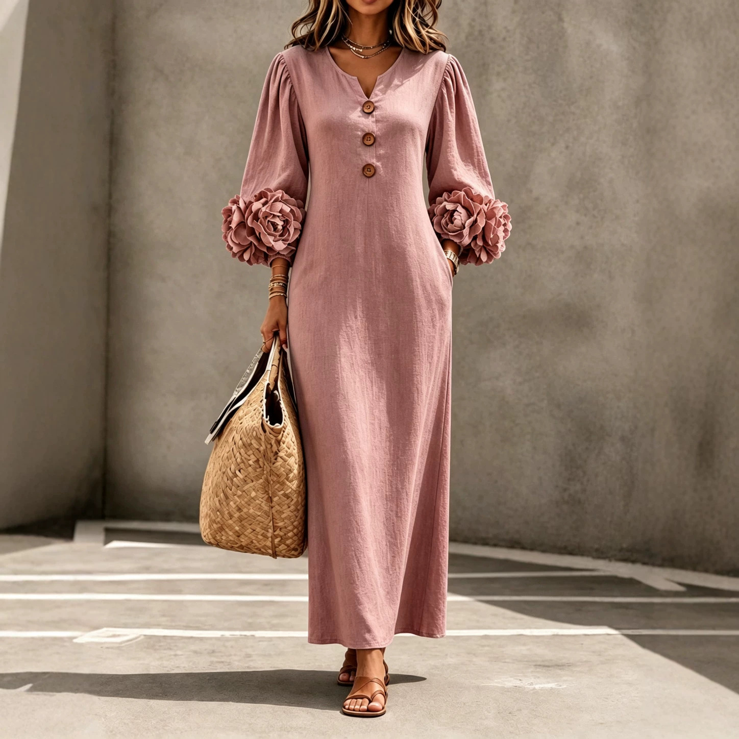 V-Neck 3D Floral Lantern Sleeve A-Line Maxi Dress