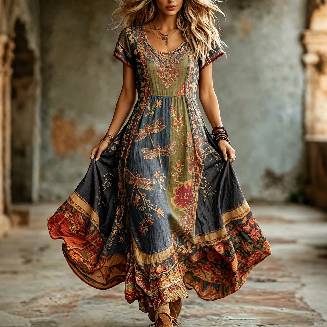 Women's Floral Print Ruched Midi Dress Short Sleeve Crew Neck