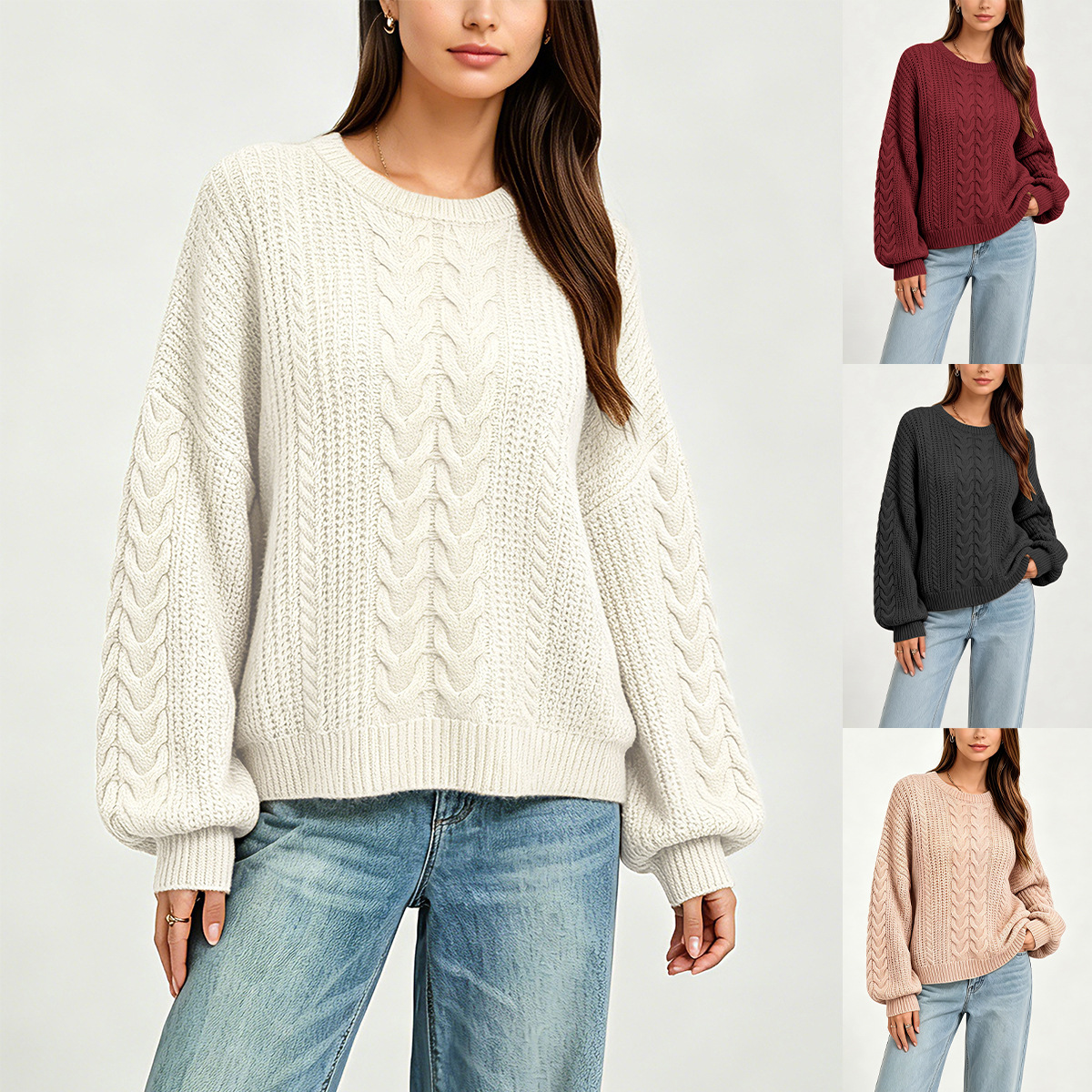 Women's Cable-Knit Crewneck Pullover Sweater Solid Color Loose Fit Long Sleeve
