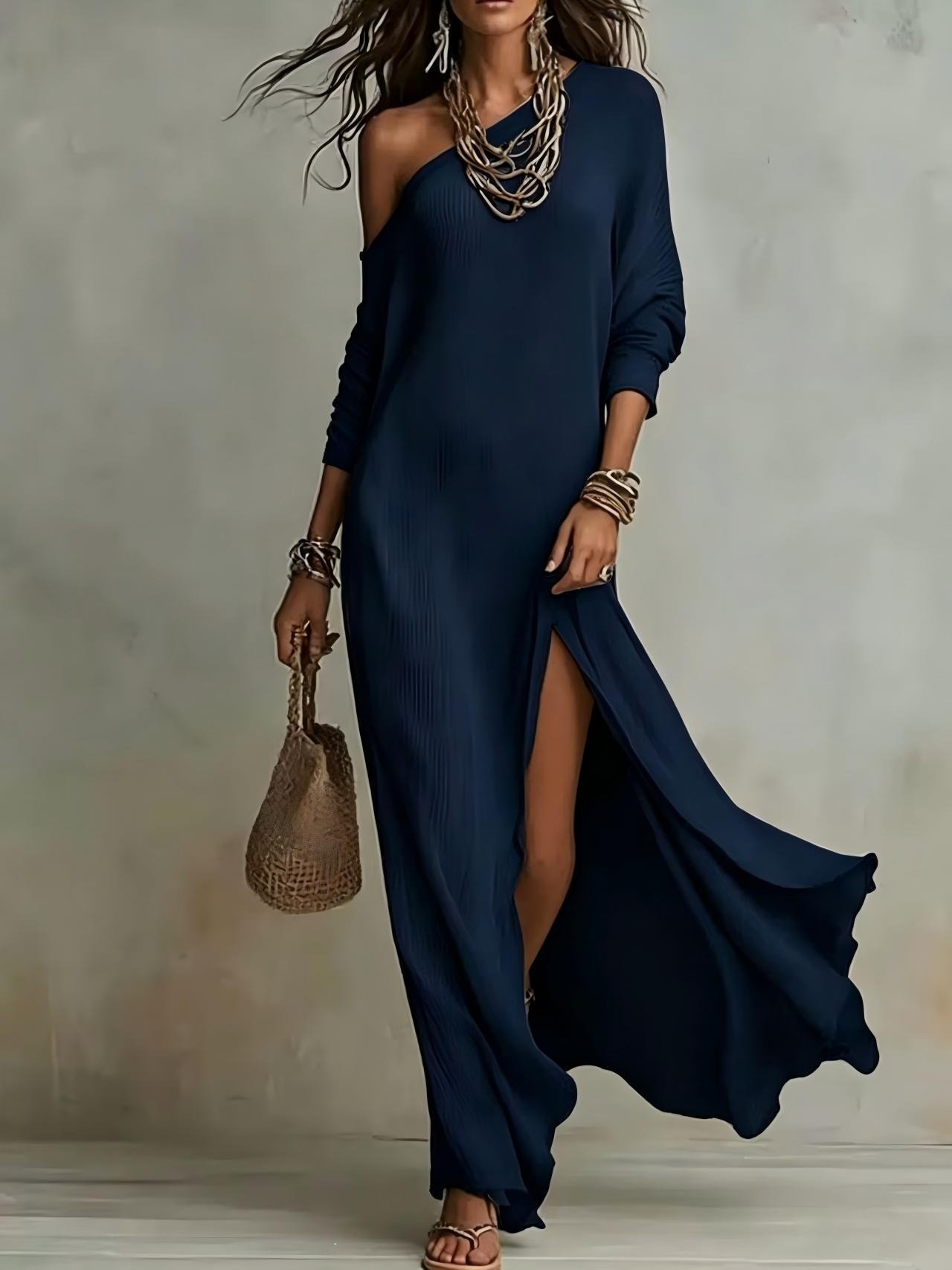 Elegant Long Sleeve Knit Pleated Slit Sweater Dress