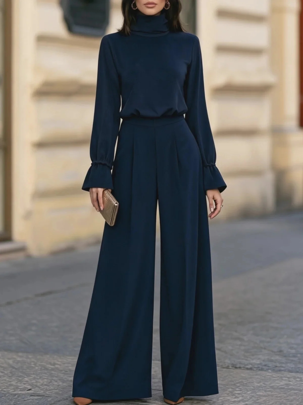 Women's Mock Neck Solid Top and High-Waist Wide-Leg Pants Two-Piece Set