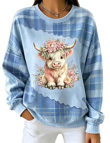 Women's Bull Head Floral Print Crewneck Sweatshirt Casual Pullover