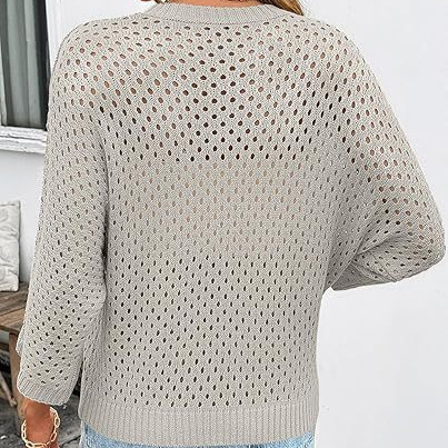 Solid Color Hollow-Out Crewneck Seven-Sleeve Knit Beach Cover-Up