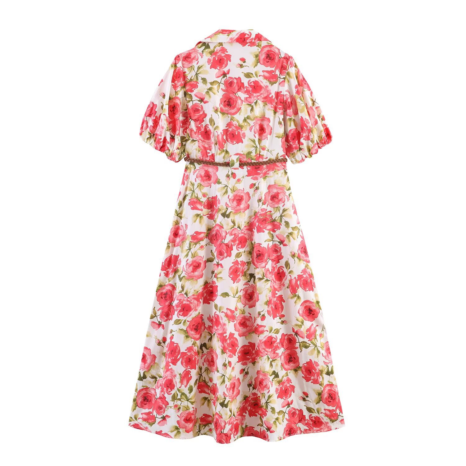 Floral Print Belted Dress with Collar and Puff Sleeves