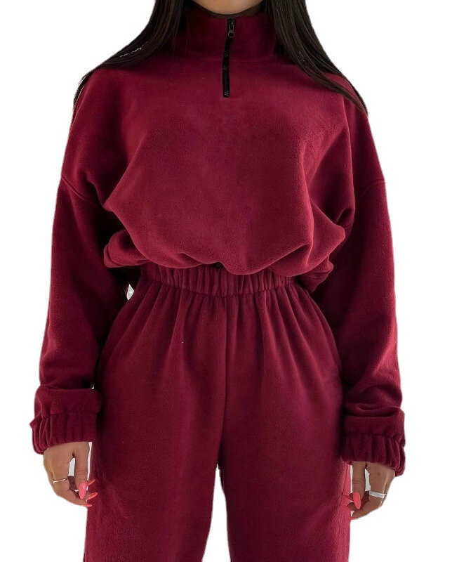 Women's Fleece-Lined Long Sleeve Zip Hoodie and Pants Set - Solid Color 2-Piece Tracksuit