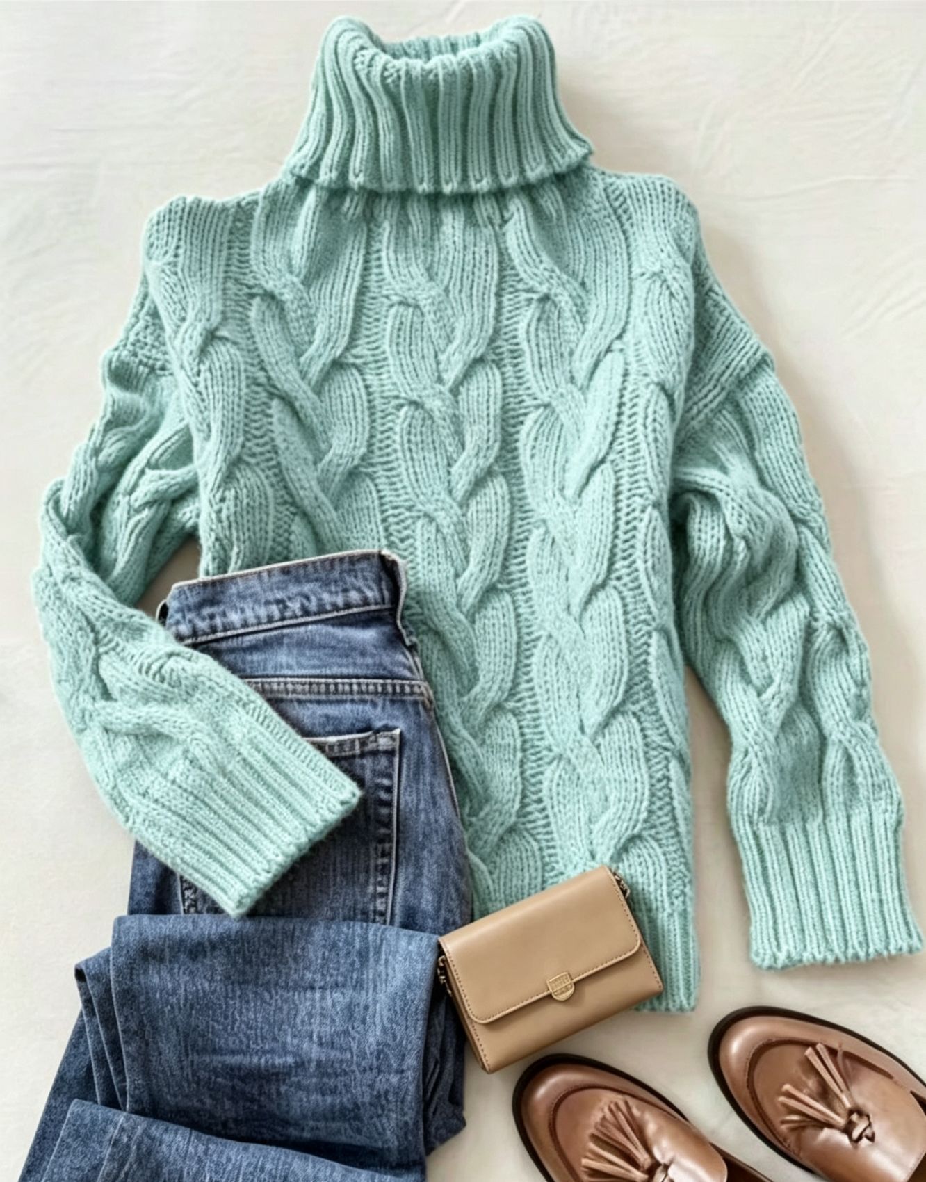 Cable-Knit Turtleneck Long-Sleeve Pullover Sweater