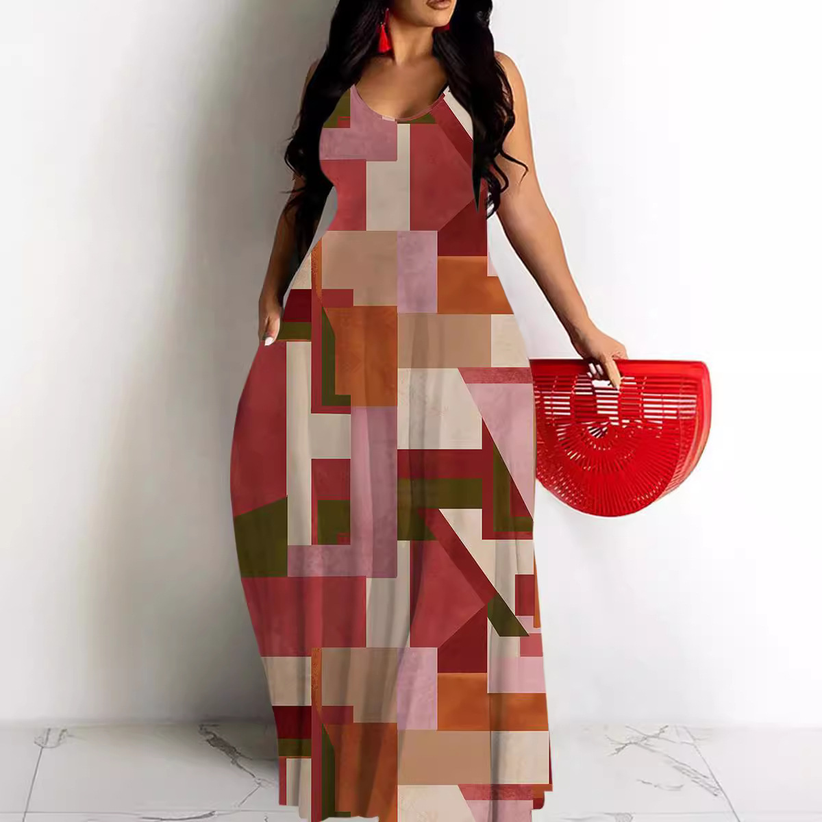 Women's Printed Deep V-Neck Sleeveless Maxi Dress