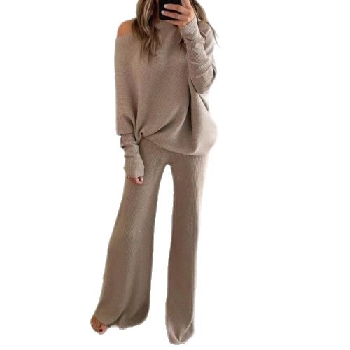 Solid Color Batwing Sleeve Drawstring High Waist Wide Leg Knit Two-Piece Pants Set
