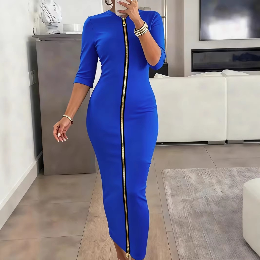 Women's Plus Size Bodycon Midi Dress with Zip and Mid Sleeves