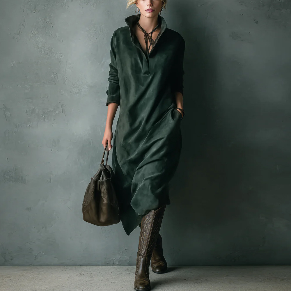 Women's Faux Suede Long Sleeve Midi Shirt Dress Solid Loose Fit