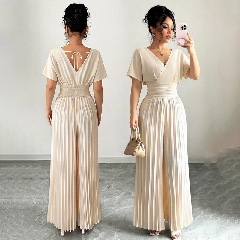 Elegant Solid V-Neck Pleated Waist-Defining Wide-Leg Jumpsuit