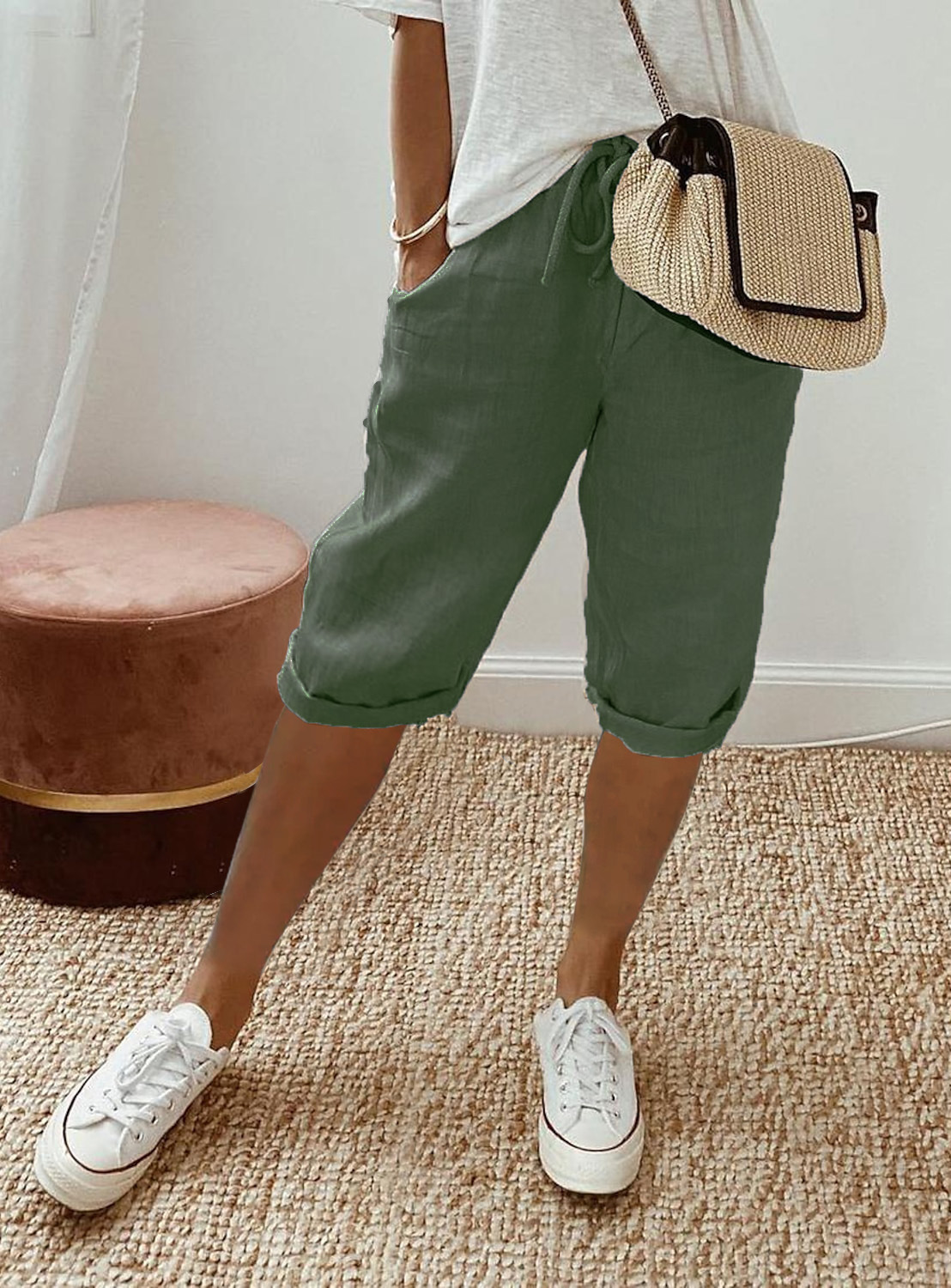 Women's Cotton-Linen Elastic Waist Casual Shorts with Pockets