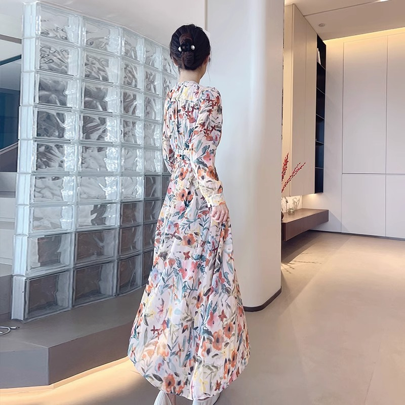 French Floral Long Sleeve Midi Dress V-Neck A-Line
