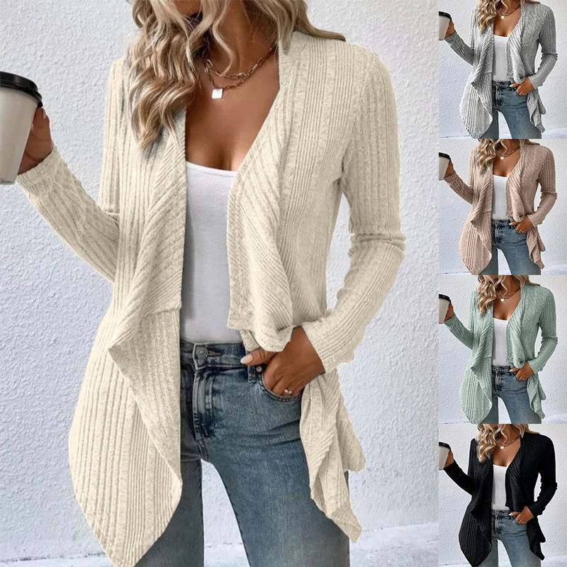 Solid Ribbed Knit Cardigan Long Sleeve V-Neck Loose Fit Casual Sweater Coat
