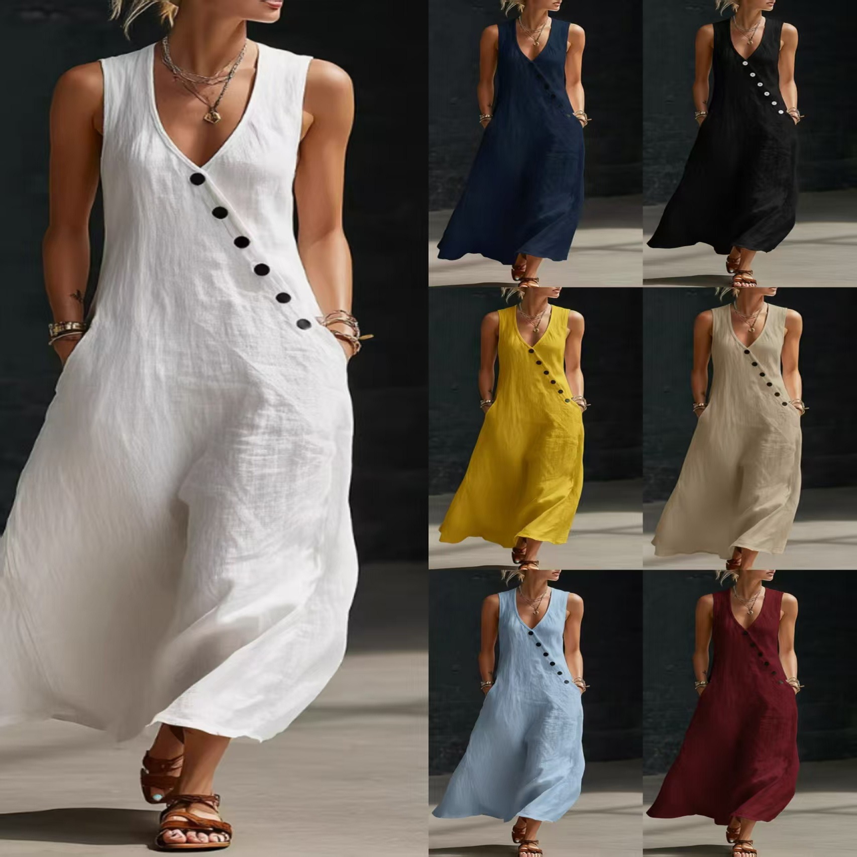 V-Neck Sleeveless Button-Front Midi Dress Cotton-Linen Vacation Casual