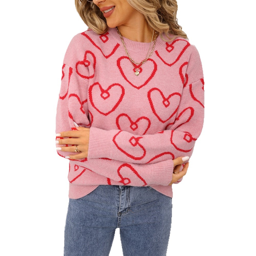 Women's Heart Colorblock Crewneck Knit Sweater Loose Pullover