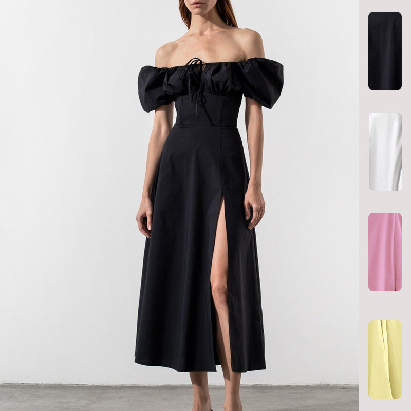 Women's Off-Shoulder High-Slit Midi Dress with Bubble Sleeves
