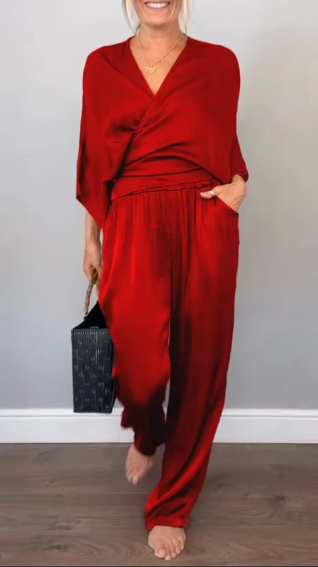 Women's Summer Satin Short Sleeve Top and Pants Set Solid Color