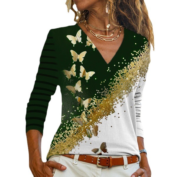 Women's V-Neck Floral Print Long-Sleeve T-Shirt Casual Loose Fit