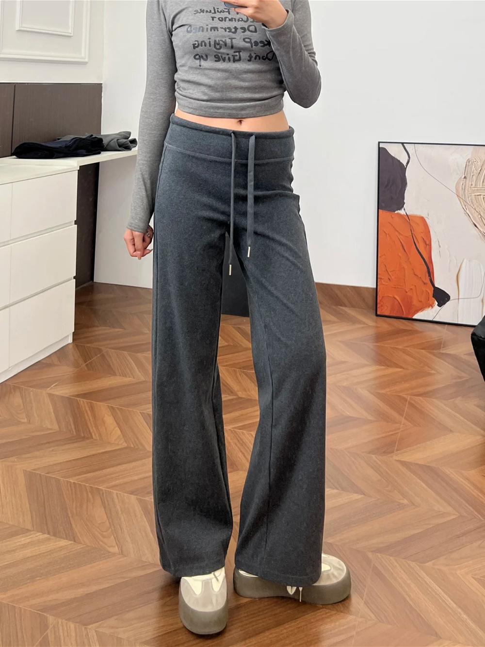 Cozy Straight-Leg Knit Pants with Drape, High Waist, Drawstring, Dark Gray/Light Gray/Black