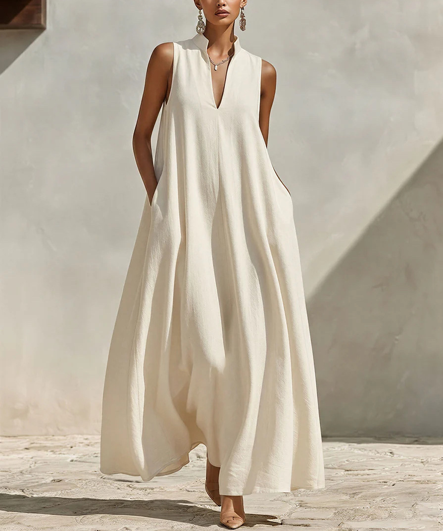 Women's Stand Collar Sleeveless A-Line Maxi Dress Loose Fit Vacation