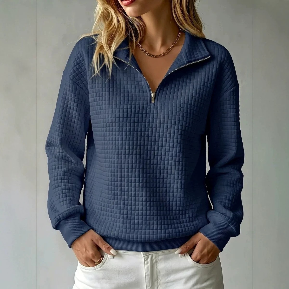 Waffle Knit Solid Color Zip-Up Collared Long Sleeve Women's Sweatshirt