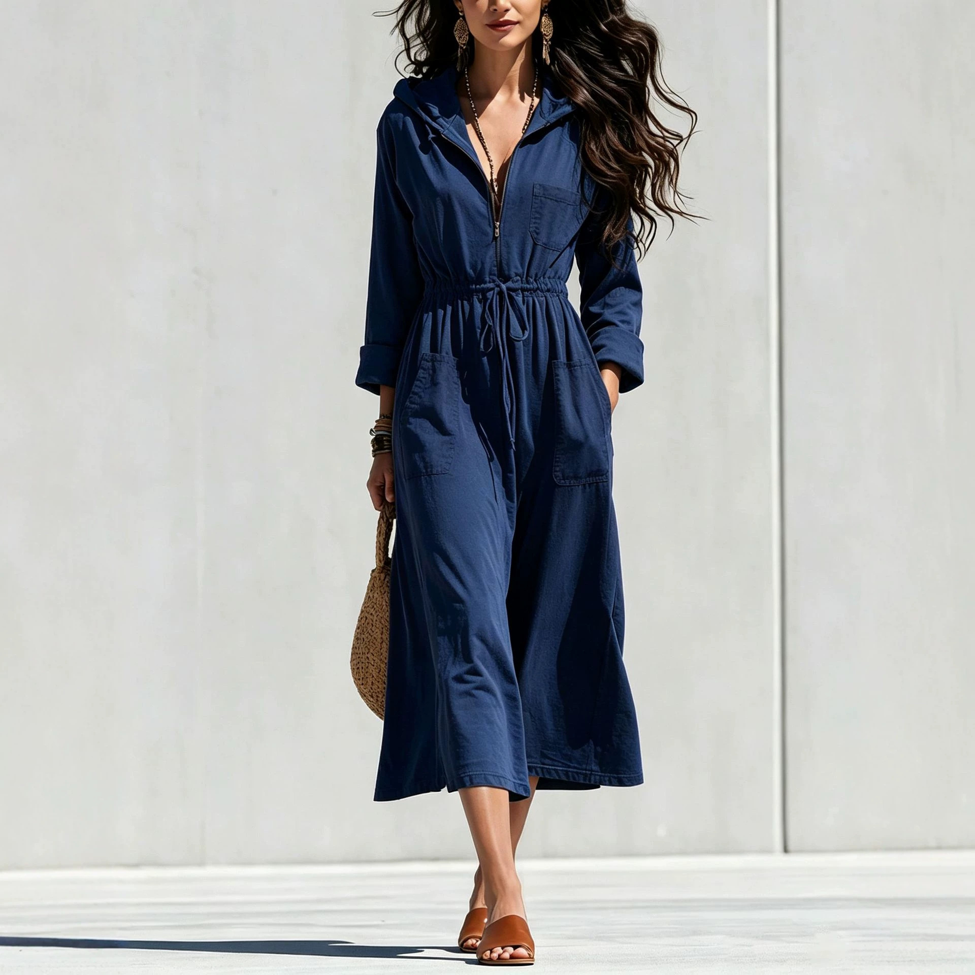 Women's Solid Half-Zip Drawstring Hooded Midi Dress