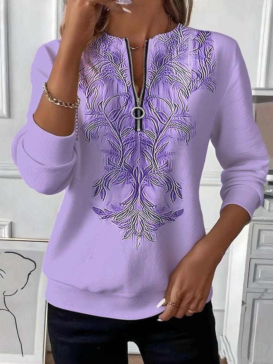 Women's Boho Print Long Sleeve Zip-Up Sweatshirt Casual Top