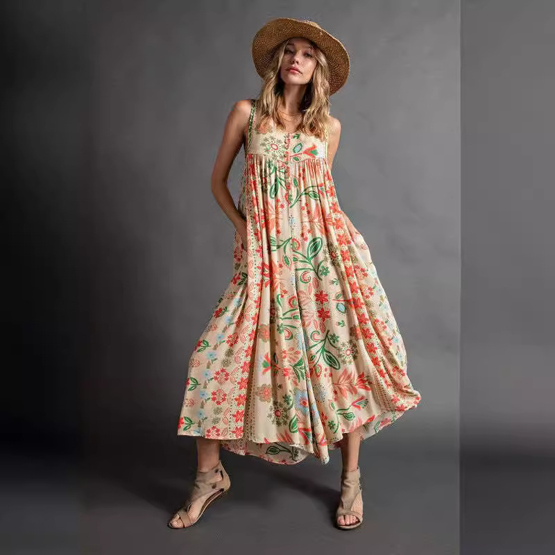 Retro Floral Print Loose Sleeveless Jumpsuit
