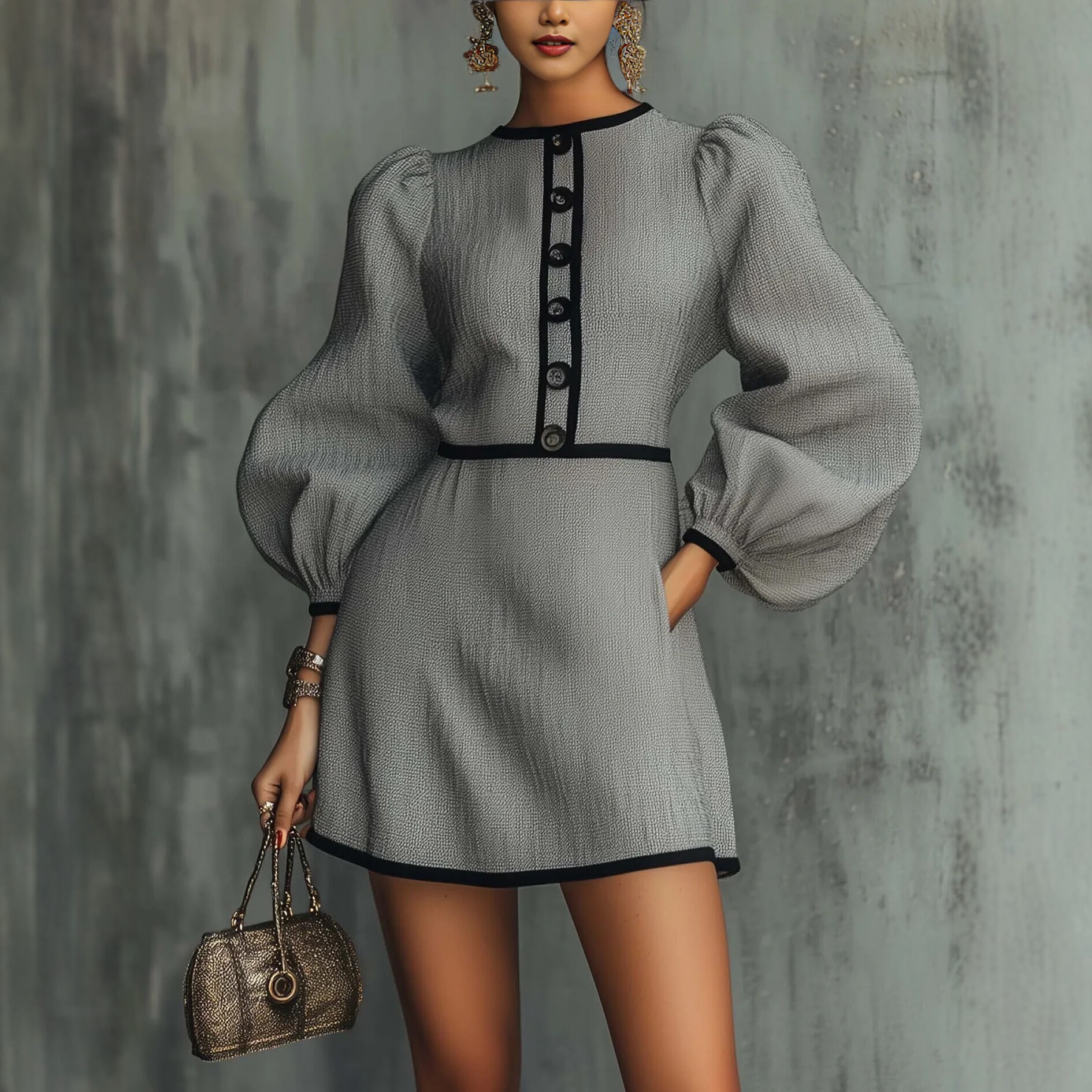 French-Style Gray Spliced Knit Dress with Button Detail