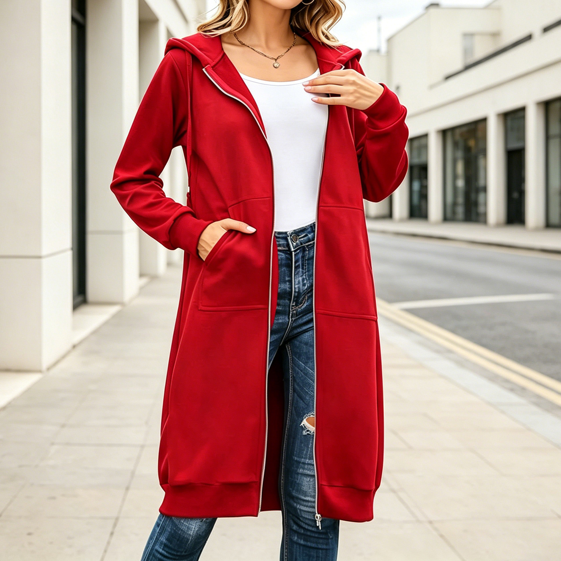 Red Hooded Long Zip-Up Sweatshirt Cardigan