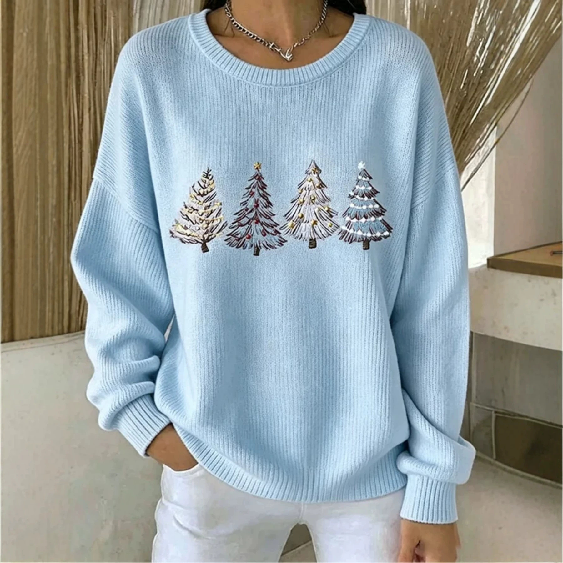 Forest Tree Print Crewneck Long Sleeve Pullover Sweatshirt