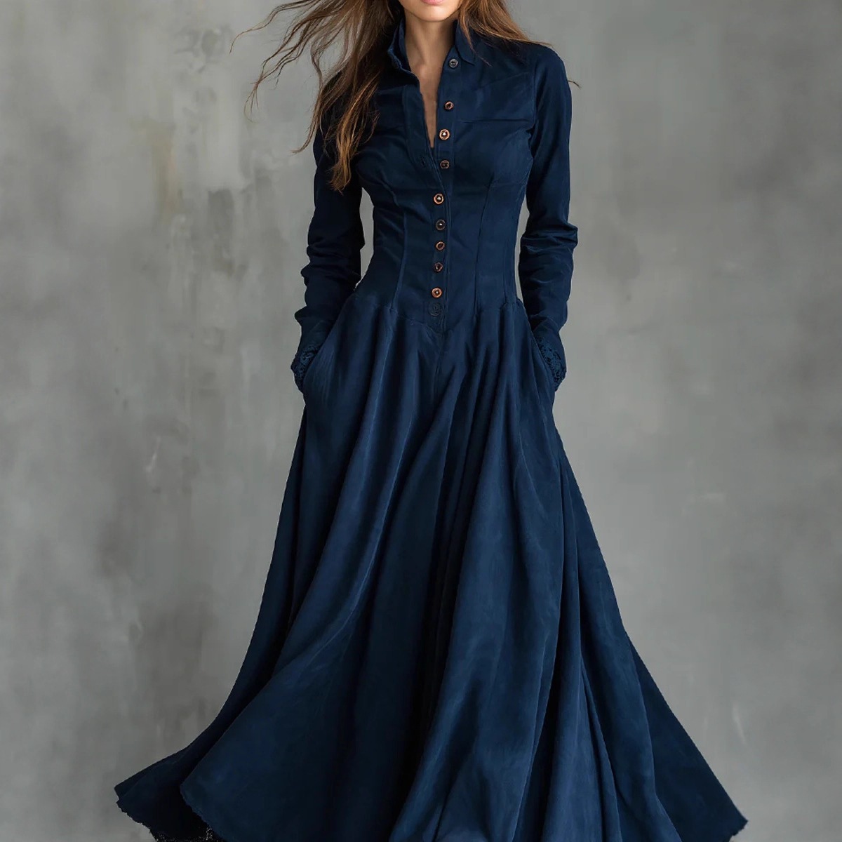 Faux Suede Lace-Trim Button-Front Long Shirt Dress