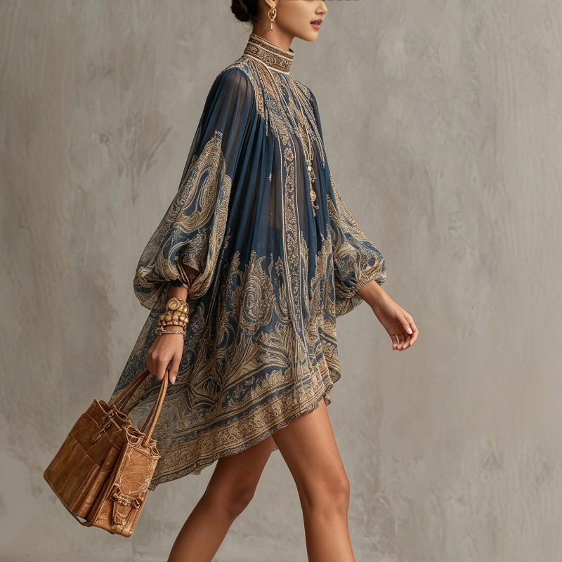 High Neck Printed Midi Dress with Long Sleeves and Shawl, Loose Boho Vacation Style