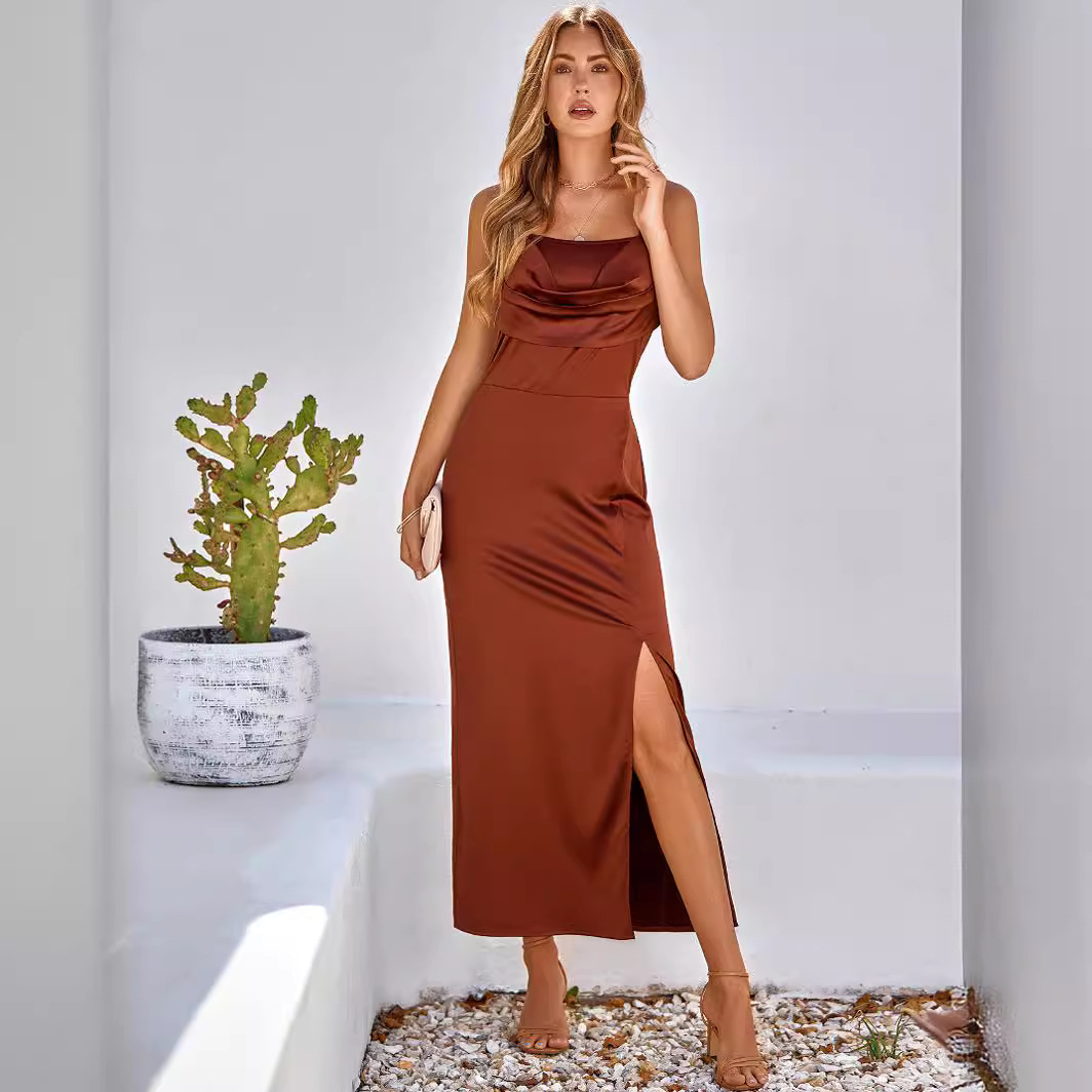 Women's Solid Color Slit Cami Dress Sleeveless A-Line Long Dress
