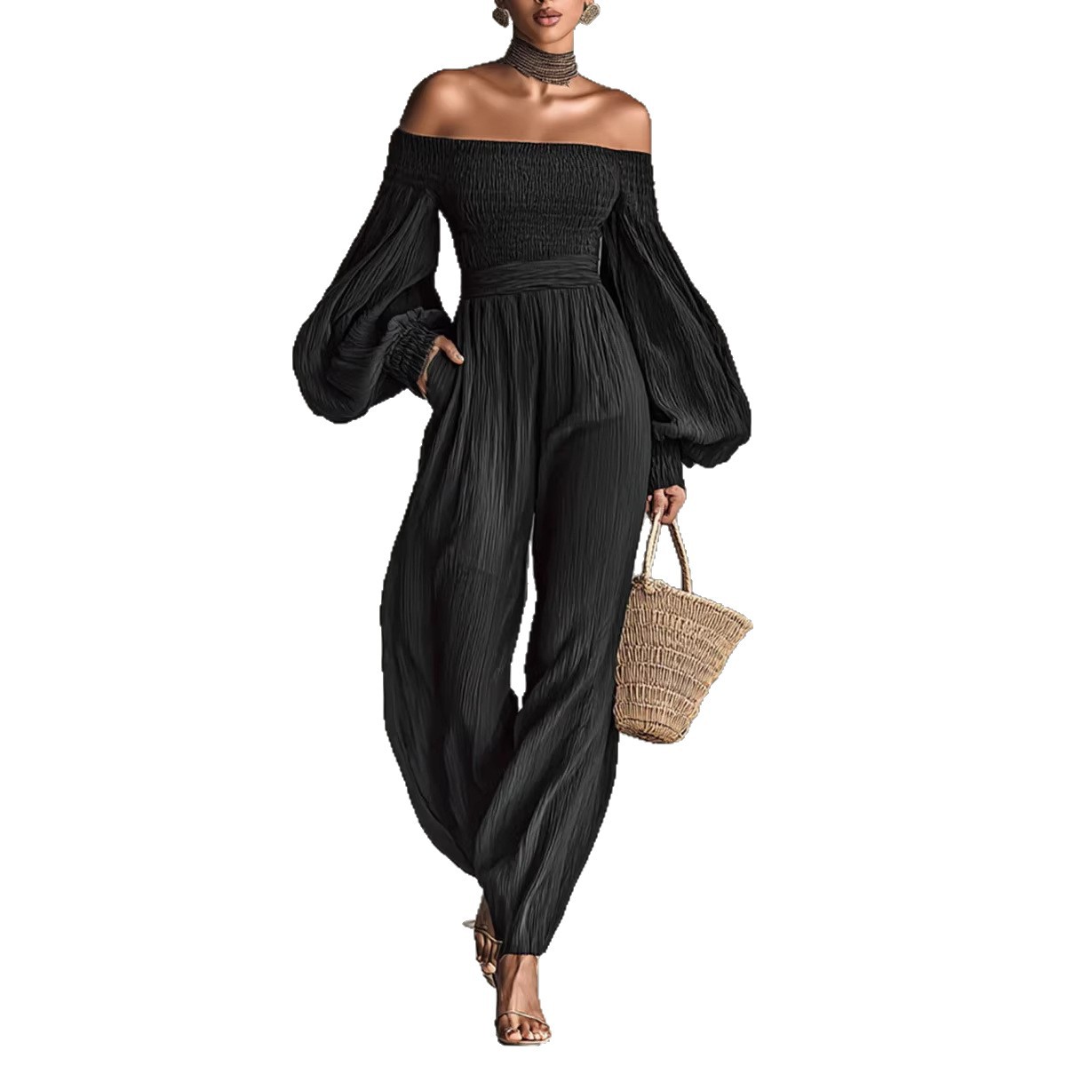 Women's Off-Shoulder Lantern Sleeve Ruched Loose Jumpsuit