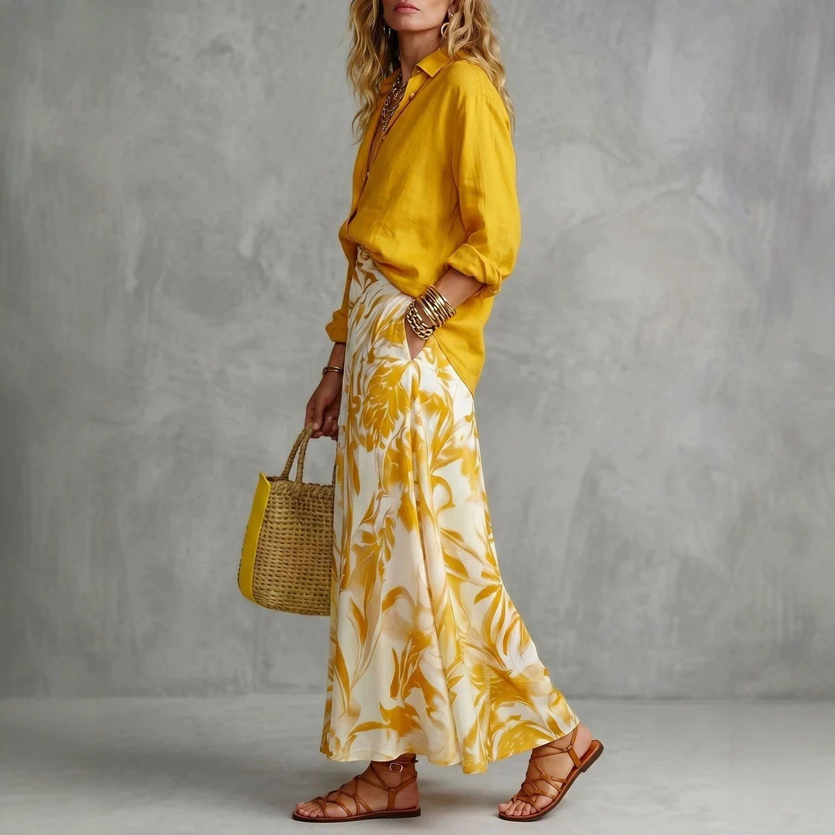 Women's Casual Two-Piece Skirt and Shirt Set with Digital Print