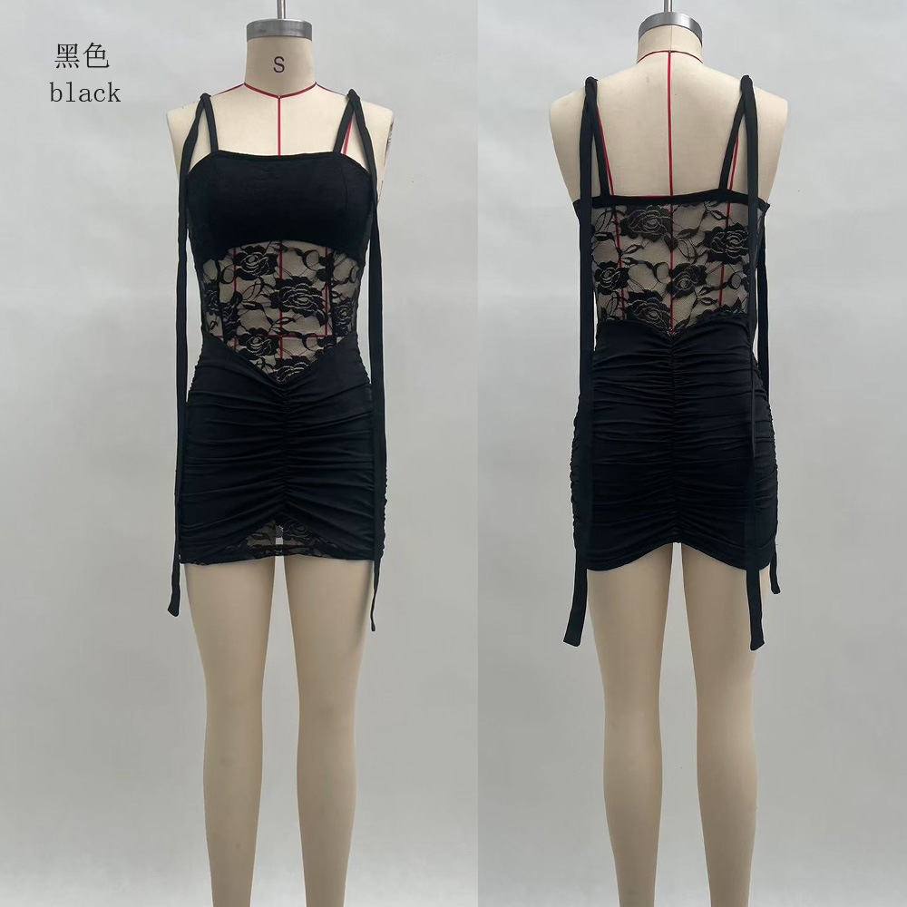 Women's Solid Sheer Lace Panel Lace-Up Ruched Bodycon Dress